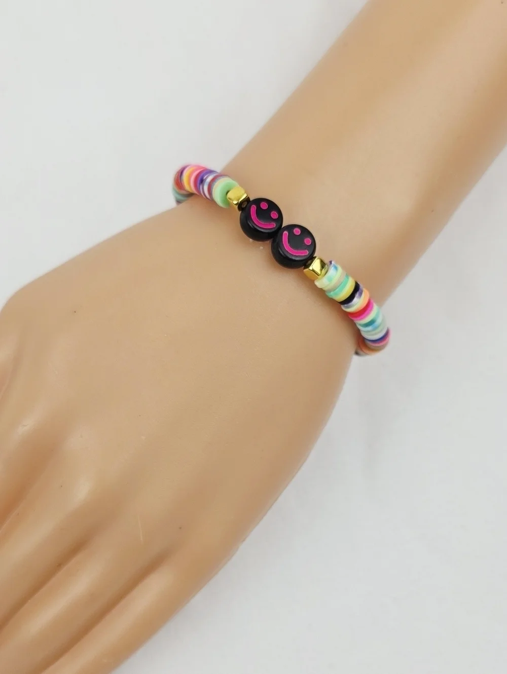 Handmade Clay Bead Multi Color Smiley Face Bracelet